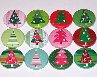 Christmas Holiday Trees Set of 12 Pin Back Buttons 1" Pins or Magnets Christmas Tree Buttons Holiday Pins