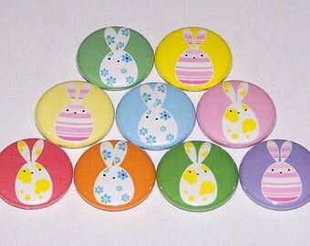 Patterned Bunny Rabbit Set of 9 Buttons 1 Inch Pinback Buttons 1" Pins or Magnets Easter