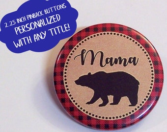 Bear Family Buffalo Plaid Border 2.25" Pin Back Buttons, Baby Shower Party Favors, Red & Black Badges, Mountain Lumberjack Outdoors Name Boy