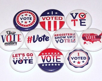 Voting Pins (10 Pack) I Voted Election Buttons Party Favors Pins 1" or 1.5" or 2.25" Pinback Buttons or Magnets, Vote, Voter, Election Pin