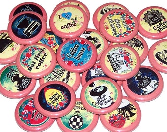 Coffee Theme Mix Pins (10 Pack) Coffee Lover Buttons Party Favors 1" or 1.5" or 2.25" Pinback Buttons or Magnets, Coffee Break, Java Shop