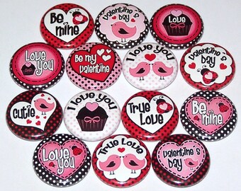 Valentine's Day Cutie Pins (14 Pack), 1" or 1.5" or 2.25" Pin Back Buttons or Magnets, Valentine Gifts, Valentine Card Buttons, Love Hearts