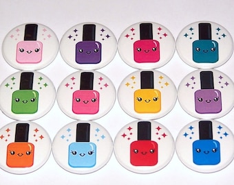 Pines lindos esmalte de uñas (12 Pack) botones de botella esmalte de uñas, 1", 1.5" o 2.25"Botones de la espalda del pasador o imanes Spa Party favorece la manicura Pedicure