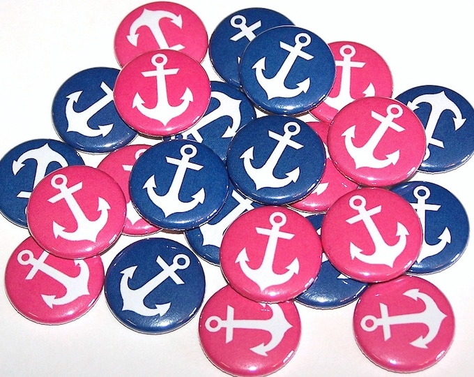 20 Pack Nautical Anchors Gender Reveal Party Buttons Baby Shower Favor 1 or 1.5 or 2.25 Pin Back Button Pink Blue Magnets