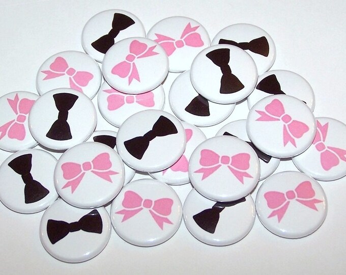 20 Pack Buttons Baby Shower Favor 1 or 1.5 or 2.25 Pin Back Button Pink Bow Black Bow Tie Magnets Bows /& Bowties Gender Reveal Party