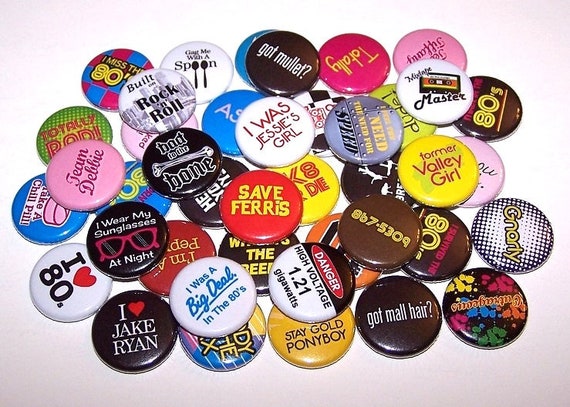 80s Pinback Buttons or Magnets, Birthday Party Favors (10 Pack)