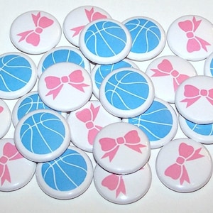 Basketballs or Bows Gender Reveal Party (20 Pack) Buttons Baby Shower Favor 1&quot; or 1.5&quot; or 2.25&quot; Pin Back Button Freethrow Buckets Magnets