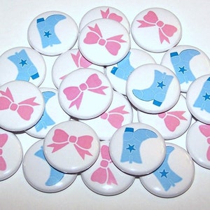 Boots & Bows Gender Reveal Party (20 Pack) Buttons Baby Shower Favor 1&quot; or 1.5&quot; or 2.25&quot; Pin Back Button Pink Blue Magnets