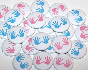 Baby Hands Handprints Gender Reveal Party (20 Pack) Buttons Baby Shower Favor 1" or 1.5" or 2.25" Pin Back Button Pink Blue Magnets