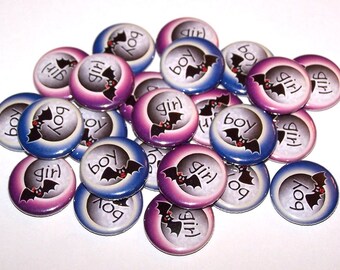 Halloween Bats Gender Reveal Party (20 Pack) Buttons Baby Shower Favor 1" or 1.5" or 2.25" Pin Back Button Purple Blue Magnets