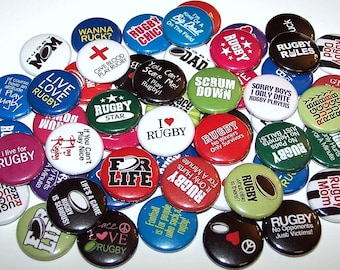 Rugby Theme Set of 10 Buttons 1" or 1.5" Pin Back Buttons or Magnets Rugby Football Player Party Favors Rugby Pins