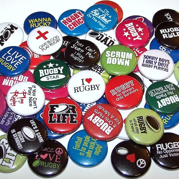 Rugby Theme Set of 10 Buttons 1" or 1.5" Pin Back Buttons or Magnets Rugby Football Player Party Favors Rugby Pins