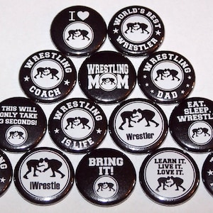 Wrestler Pins, Wrestling Team Buttons (14 Pack), Wrestle Theme 1&quot; or 1.5&quot; Pin Backs or Magnets Party Favors