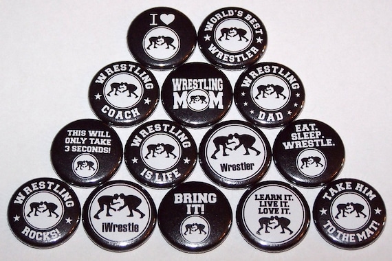 Wrestler Pins, Wrestling Team Buttons 14 Pack, Wrestle Theme 1 or 1.5 Pin  Backs or Magnets Party Favors 