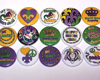 Happy Mardi Gras Pins (15 Pack), 1" or 1.5" or 2.25" Pin Back Buttons or Magnets, Party Favors Fat Tuesday New Orleans Mardi Gras Gifts NOLA