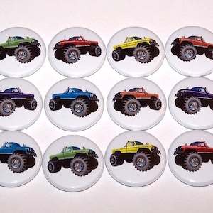 Monster Trucks Party Favors (12 Pack), Monster Truck Pinbacks, 1&quot; or 1.5&quot; or 2.25&quot; Pin Back Buttons or Magnets, Pickup Truck, Off Roading