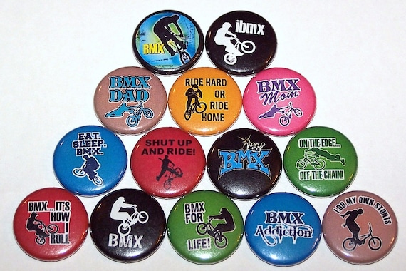 BMX Biker Pins (14 Pack) Bike Buttons 1" or 1.5" or 2.25" Pin Back Buttons or Magnets Bicycle Extreme Sports Bicycle MotoCross Biking Stunts