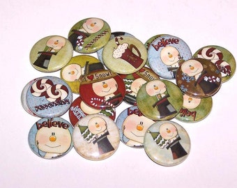 Holiday Snowman & Treats Set of 10 Buttons 1" Pins or Magnets