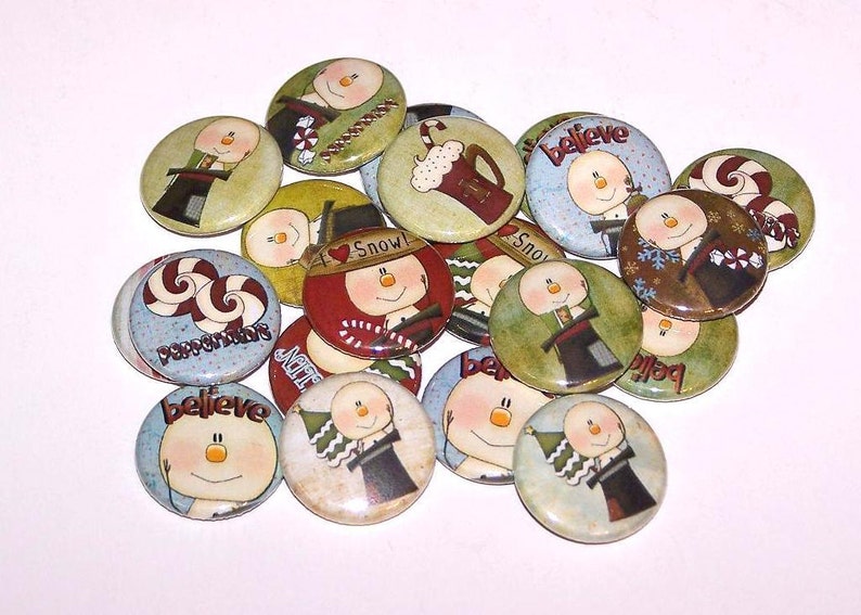 Holiday Snowman & Treats Set of 10 Buttons 1 Pins or Magnets image 1