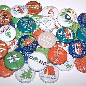Happy Camper Great Outdoors Party Favor Set of 10 Buttons 1&quot; or 1.5&quot; Pin Back Buttons or 1&quot; Magnets Camping Buttons