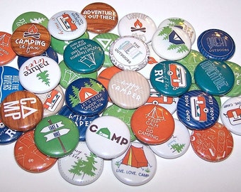 Happy Camper Great Outdoors Party Favor Set of 10 Buttons 1" or 1.5" Pin Back Buttons or 1" Magnets Camping Buttons