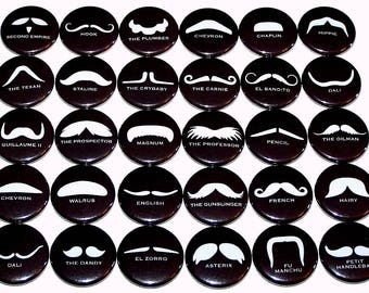 Mustache Names Pins (30 Pack) Mustache Styles Pinback Buttons, 1" or 1.5" or 2.25" Pin Back Buttons or Magnets, Moustache Party Favors