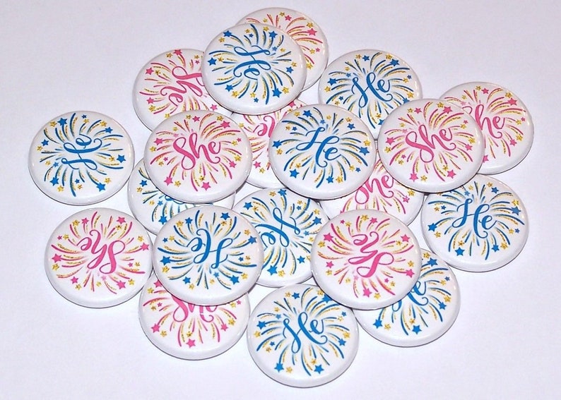 Fireworks He or She Gender Reveal Party 20 Pack Buttons Baby Shower Favor 1 or 1.5 or 2.25 Pin Back Button Pink or Blue Firecracker image 1