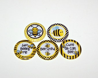 Cute As Can Bee Bee-utiful Bumble Bee Set of 5 Buttons 1 Inch Pin Back Buttons 1" Pins or Magnets