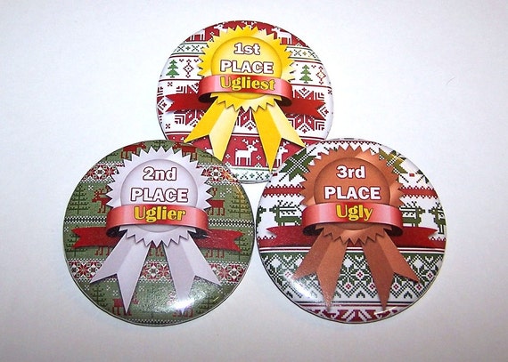 Ugly Sweater Awards, 2.25" Pins (3 Pack), Ugly Sweater Prize Ribbon, Pin Back Buttons, Tacky Sweater Party Awards Badge, Ugly Uglier Ugliest