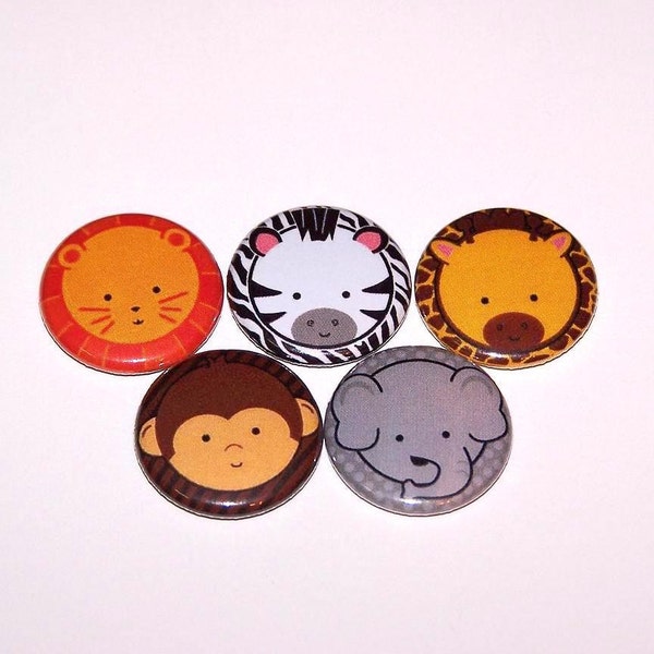 Zoo Animal Faces Set of 5 Buttons 1 Inch Pin Back Buttons 1" Pins or Magnets