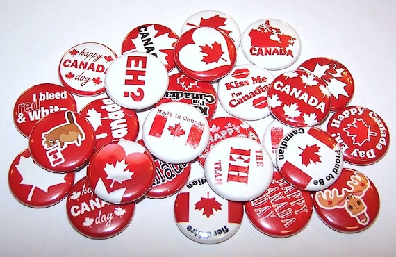 Canada Day Party Favors, Canadian Love Pins, Set of 10 Buttons, 1" or 1.5" Pin Back Buttons or Magnets, Red White Canada Day Buttons
