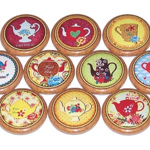 Floral Tea Party Pins (10 Pack) Teapot Buttons Party Favors 1" or 1.5" or 2.25" Pinback Buttons or Magnets Tea Time Tea Cup, Flowers Kettle