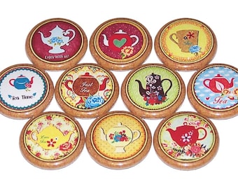 Floral Tea Party Pins (10 Pack) Teapot Buttons Party Favors 1" or 1.5" or 2.25" Pinback Buttons or Magnets Tea Time Tea Cup, Flowers Kettle