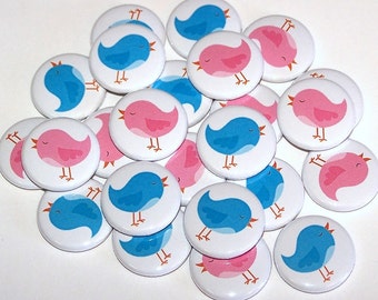 Botones de pajaritos para fiesta de revelación de género (paquete de 20), recuerdo de baby shower, botón con alfiler de 2,5 cm, 3,8 cm o 5,7 cm, imanes rosas y azules.