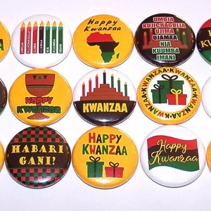Kwanzaa Party Favors (15 Pack), Happy Kwanzaa Buttons, Joyous Kwanzaa Pins, 1" or 1.5" or 2.25" Pin Back Buttons Magnets Holiday Celebration