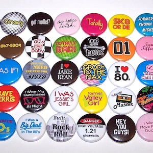 Everything 80's Buttons 40 Pack Party Favors, 80s Pins, 1 or 1.5 or 2.25 Pinback Buttons or Magnets, 1980's Theme Party Decorations image 1