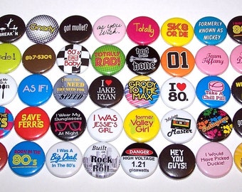 Everything 80's Buttons (40 Pack) Party Favors, 80s Pins, 1" or 1.5" or 2.25" Pinback Buttons or Magnets, 1980's Theme Party Decorations
