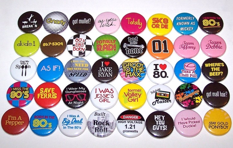 Everything 80's Buttons 40 Pack Party Favors, 80s Pins, 1 or 1.5 or 2.25 Pinback Buttons or Magnets, 1980's Theme Party Decorations image 1