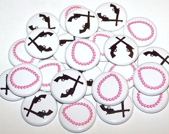 Pistolas & Perlas Pistolas Género Reveal Party (20 Pack) Botones Baby Shower Favor 1" o 1.5" o 2.25" Pin Botón Trasero Rosa Negro Imanes