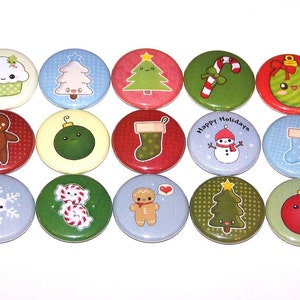 Christmas Holiday Set of 15 Buttons 1 Inch Pin Back Buttons 1&quot; Pins or Magnets
