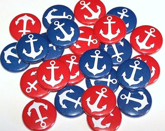 Nautical Anchors Gender Reveal Party (20 Pack) Buttons Baby Shower Favor 1" or 1.5" or 2.25" Pin Back Button Red Blue Magnets