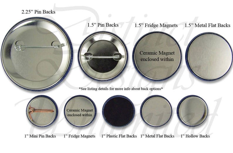 May include: A collection of circular pin backs, fridge magnets, and flat backs in various sizes including 2.25 inches, 1.5 inches, and 1 inch. The metal and plastic components are displayed with labels indicating their specific back types.