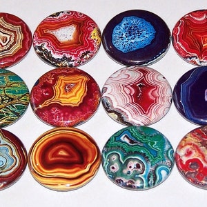 Faux Agate Pins (12 Pack), Geology Party Favors 1&quot; or 1.5&quot; or 2.25&quot; Pinback Buttons or Magnets, Rock Collector, Geodes Collecting, Stone