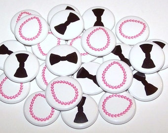 Pearls & Bowties Bow Ties Gender Reveal Party (20 Pack) Buttons Baby Shower Favor 1" or 1.5" or 2.25" Pin Back Button Pink Black Magnets