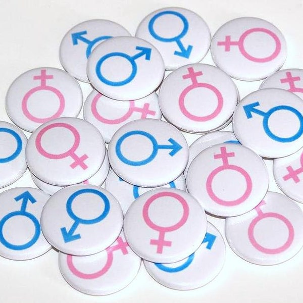 Male & Female Sex Symbols Gender Reveal Party (20 Pack) Buttons Baby Shower Favor 1" or 1.5" or 2.25" Pin Back Button Pink Blue Magnets