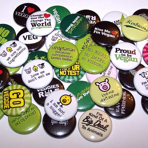 Proud to Be Vegan and Vegetarian Set of 10 Buttons 1" or 1.5" Pin Backs or 1" Magnets Party Favors No Meat Vegetarianism