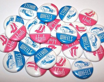 Wheels or Heels Gender Reveal Party Muscle Cars Pink Heels (20 Pack) Buttons Baby Shower Favor 1" or 1.5" or 2.25" Pin Back Button Burnout