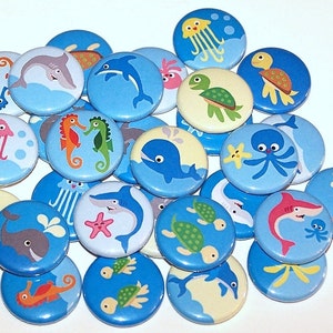 Ocean Creatures Sea Animals Set of 10 Buttons 1 Inch Pinback Buttons 1&quot; Pins or Magnets
