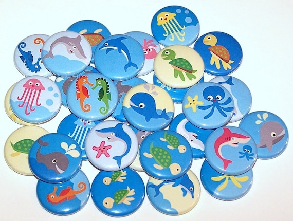 Ocean Creatures Sea Animals Set of 10 Buttons 1 Inch Pinback Buttons 1" Pins or Magnets