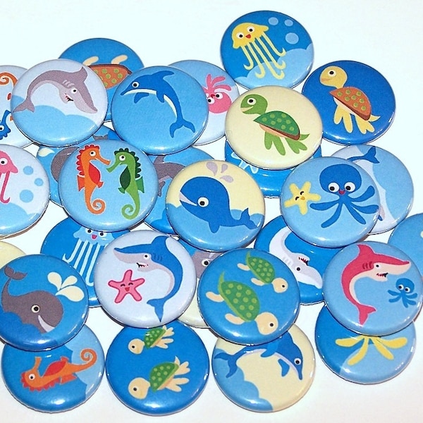 Ocean Creatures Sea Animals Set of 10 Buttons 1 Inch Pinback Buttons 1" Pins or Magnets